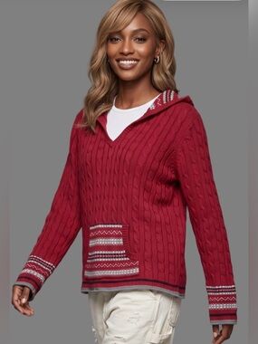 ALLEGRA Red White Vneck Longsleeve Cropped Hoodie Sweater and Fair Isle accents